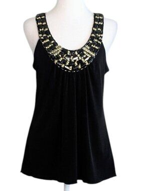 BCX Women's Sleeveless Flowy Racerback Beaded Neckline Top Blouse  Size L  Black
